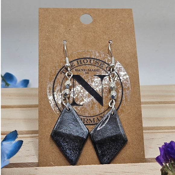 Black and Silver Polymer Clay Earrings with Faceted Beads