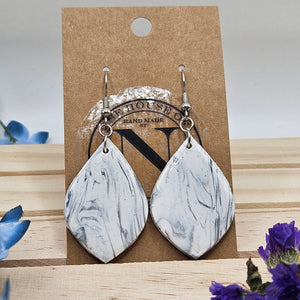 White and Silver Marble Polymer Clay Teardrop Earrings