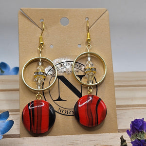 Red and Black Polymer Clay Earrings with Crystal Accents