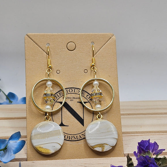 Golden Aura Handcrafted Polymer Clay Earrings with Pearl and Crystal Accents