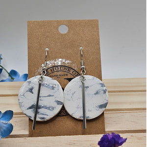 White and Silver Marbled Round Polymer Clay Earrings with Bar Accent