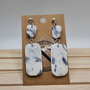 White and Silver Marble Rectangular Handmade Polymer Clay Earrings with Post Studs