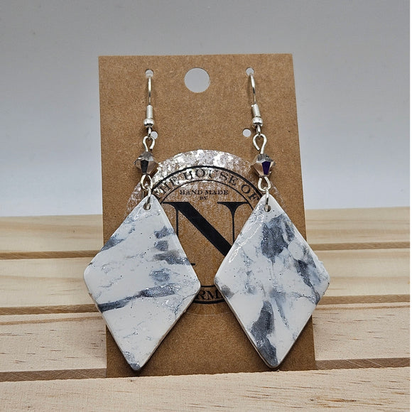 White and Silver Marble Geometric Handmade Polymer Clay Earrings