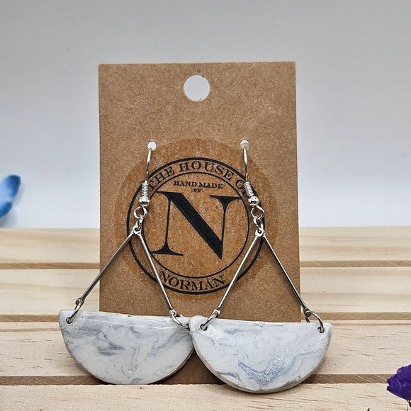 White and Silver Marbled Half-Moon Polymer Clay Earrings