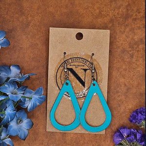 Turquoise Hollow Tear Drop Veg Tan Leather Earrings