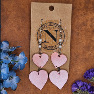 Pink Heart Veg Tan Leather Beaded Earrings