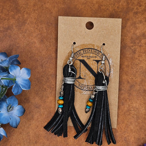 Black Veg Tan Leather Beaded Tassel Earrings