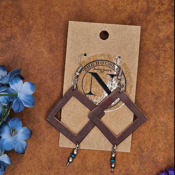 Brown Hollow Square Veg Tan Leather Earrings with Beads